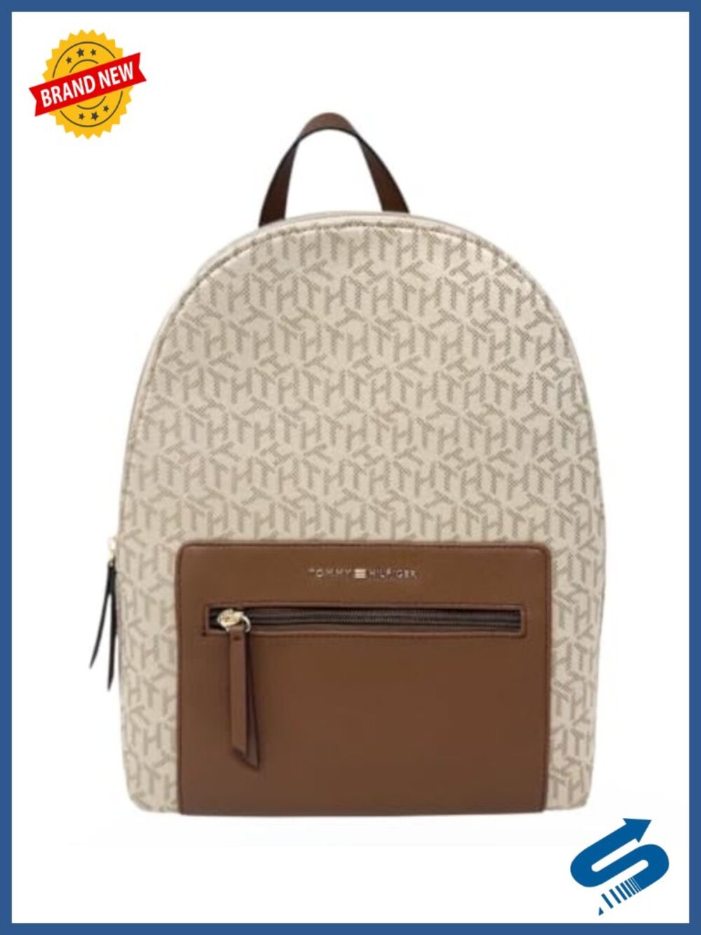 Tommy Hilfiger Alexis Khaki Logo Backpack Double Compartment Gold Tone Hardware